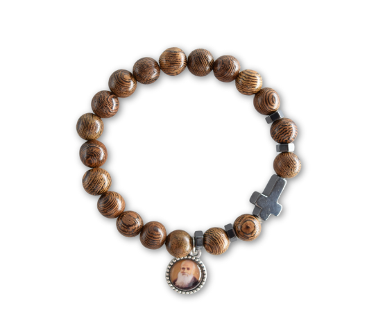 PULSERA BOLAS Y CRUZ MARRON